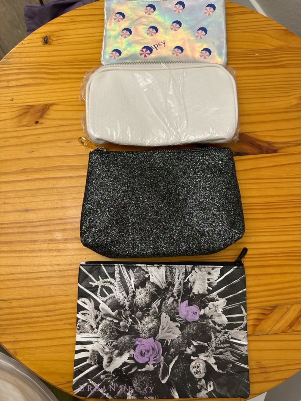 Four New Assorted Cosmetic Pouch Set - Glitter Black, White, Holographic, Floral